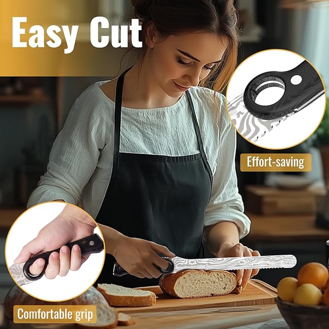 10-Inch Serrated Knife with Finger Ring, 5Cr15MoV Steel Blade, Full-Tang, Pakka Wood Handle, Damascus Pattern – Ideal for Bread, Fruits, and Vegetables