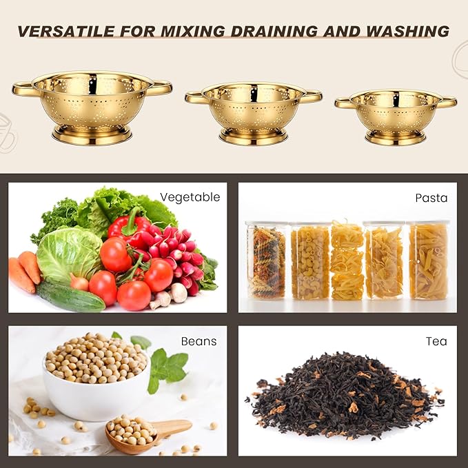 3 Pcs Gold Colander Set 1/2.5/4 Quart Stainless Steel Colander Gold Strainer Basket with Handles Kitchen Strainer for Draining Spaghetti Pasta, Rinsing Vegetables or Fruits