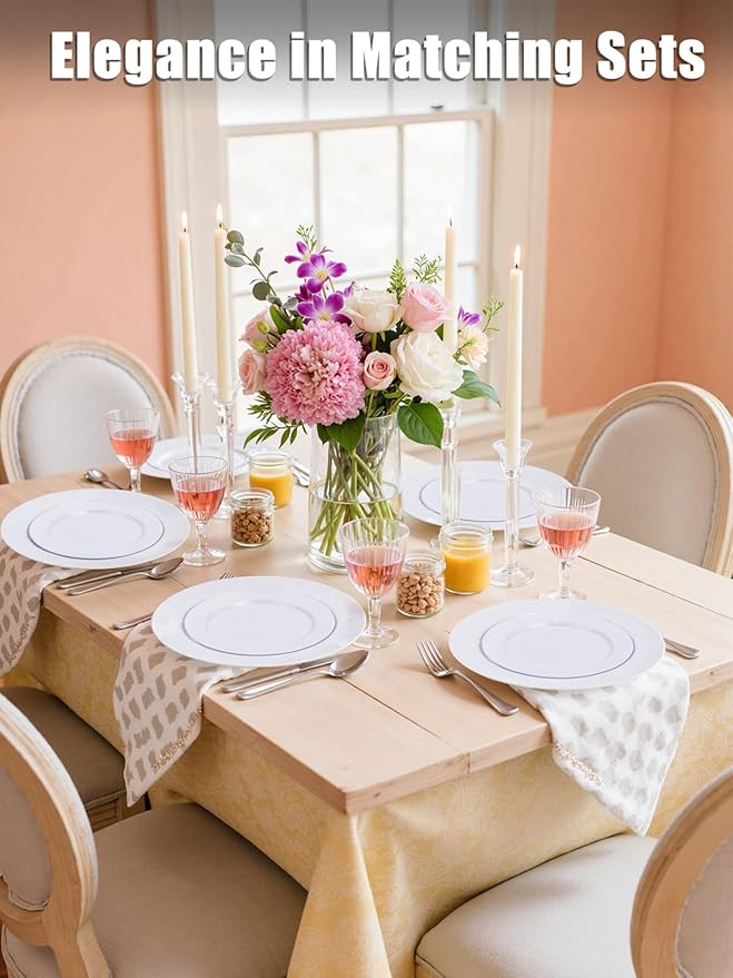 WDF 200pcs White Plastic Plates Disposable - Heavy Duty Plastic Plates for Party - Include 100 x 10" Dinner Plate and 100 x 7" Dessert/Cake Plate - Ideal for Weddings/Parties/Events