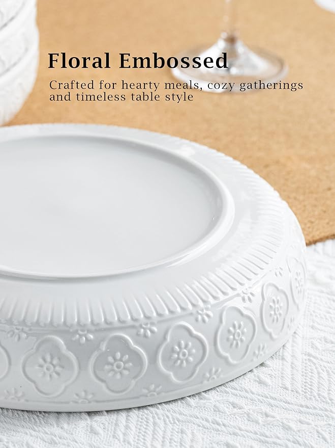 YHOSSEUN 9.75" Pasta Bowls Set of 4, 50 OZ Large Salad Serving Bowls, Ceramic Pasta Plate Bowls, White Soup Bowl, Microwavable Dinner Bowls for Kitchen, Embossed Sunflower