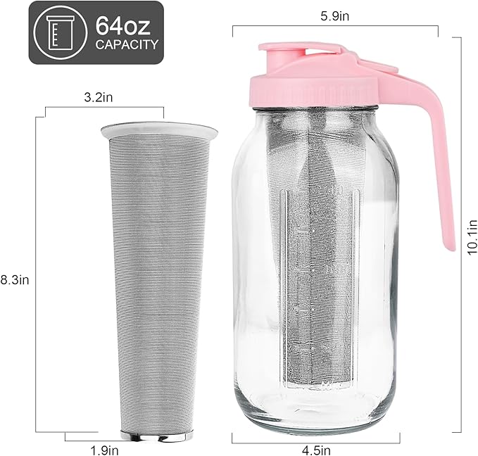 Cold Brew Coffee Maker,64 oz Wide Mouth Mason Jar Pitcher with Stainless Steel Filter, Pour Spout Handle Lid, Heavy Duty Glass Airtight & Leak-Proof Pitcher for iced coffee & Tea Lemonade-Pink
