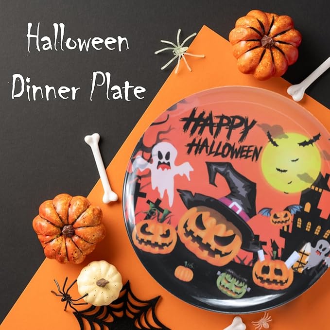 10-Inch Halloween Melamine Dinner Plates, 12-Piece Dishes Set, Lightweight & Stackable for Holidays& Decor Party plates, Ideal for Salad,Dessert,Fruit and Cakes-Halloween Pattern