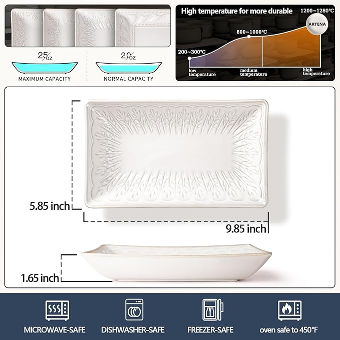 Artena Ceramic Pasta Bowls Set of 4-9.85 Inch Large Salad Bowls, 25 oz Serving Bowls for Soup, Dinner & Party - Embossed Microwave Safe Kitchen Dishes, Rectangle Plates (Wheat Leaf)