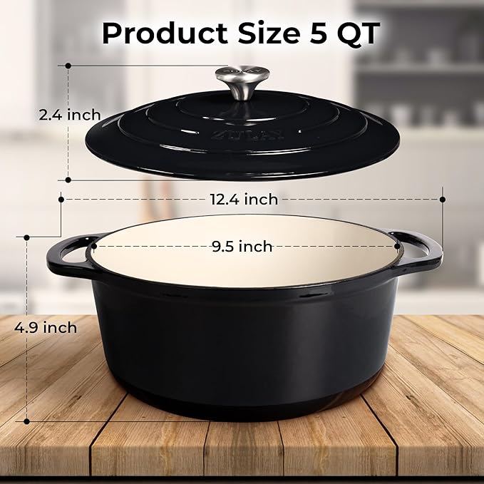 Zulay Kitchen 5 Quart Enameled Cast Iron Dutch Oven with Lid,Silicone Trivet & Heat Pad – Premium Durability & Oven Safe up to 500°F – Heavy Duty Cookware Perfect for Bread Baking, Stews, Braising & Roasting – Black