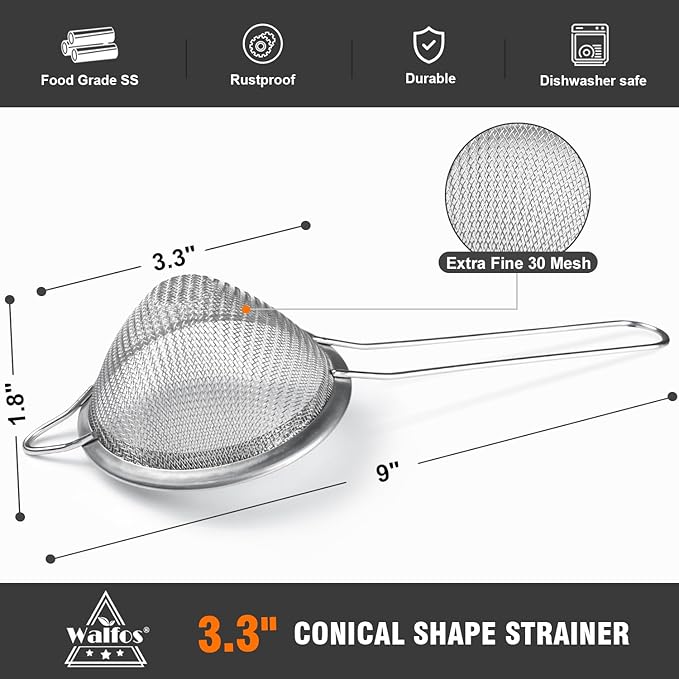 Walfos Small Fine Mesh Strainer for Cocktail & Tea, Mini Stainless Steel Sieve with Handle, 3.3 Inch Metal Strainers for Juicing, Coffee, Drinks, Tea Herbs