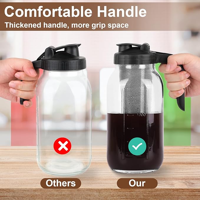 Cold Brew Coffee Maker Pitcher,32 Oz Glass Mason Jar Pitcher with V-shaped Pour Spout Handle Lid,Stainless Steel Filter for Iced Coffee,Iced tea,Breast Milk,Fruit Drinks,lemonade-Black