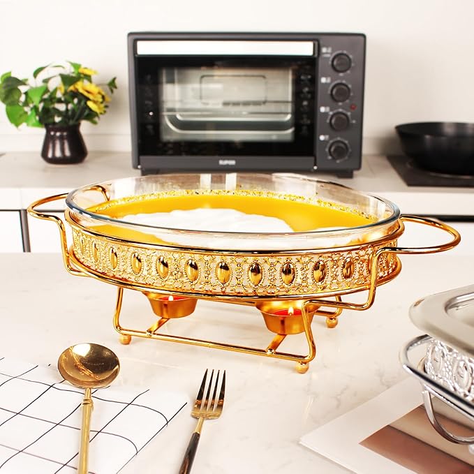 Casserole Dish 11.5" x 8" Glass Baking Dish with Stainless steel Lid and rack, Golden oval 2 Qt Baking Pan For Casserole & Lasagna, Microwave Dishwasher Freezer Oven Safe