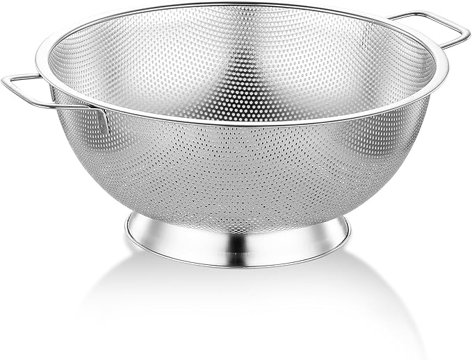 3Qt Metal Colander with Handle, Stainless Steel Strainer for Kitchen, Mesh Strainer for Washing Pasta, Spaghetti, Berry, Fruit, Vegetable, Rice Washer, Fast Draining, Dishwasher Safe