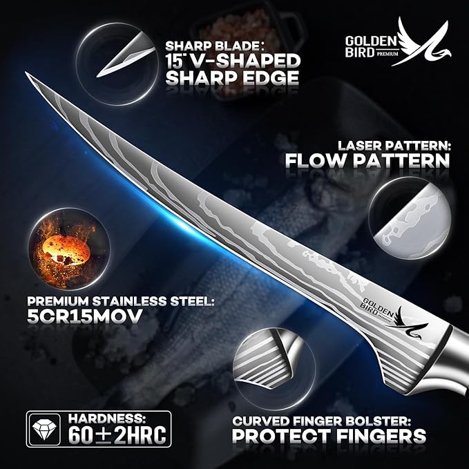 Golden Bird Professional Boning Knife - Hand Forged Fish Fillet Knife, 7" Meat Knives HC Steel Deboning Knives for Meat Poultry Cutting with Curved Sharp Edge, Gifts for Men