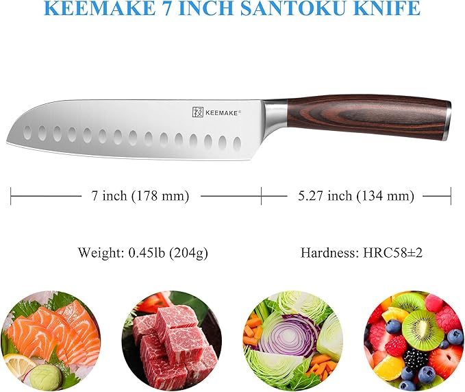 KEEMAKE Chef Santoku Knife - 7 Inch Ultra Sharp Kitchen Knife with Stainless Steel Blade for Cooking Meat Fruit Vegetable with Ergonomic Pakkawood Handle and Gift Box Included