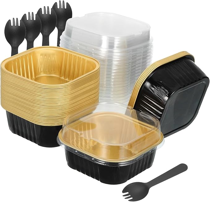 HARFINGTON 40Pack 10oz Disposable Mini Cake Pans with Lids & Spoons Black Gold Aluminum Foil Square Baking Cupcake Dessert Cups Tin for Birthday Party