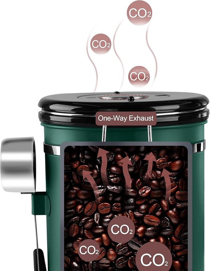ROCKY&CHAO Airtight Coffee Canister with Date Tracker & Transparent Window, 22OZ Large Tea Coffee Canisters, Coffee Storage Canister, Coffee Container with 30ml Measure Spoon and 4 Co2 Valve(Green)