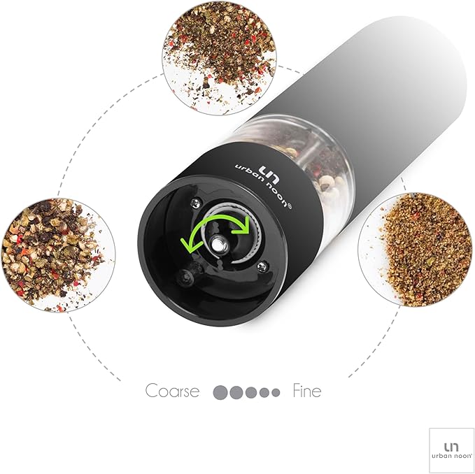 Electric Salt and Pepper Grinder Set - Battery Operated Stainless Steel Mill with Light (2 Black Mills) - Automatic One Handed Operation - Electronic Adjustable Shakers - Ceramic Grinders