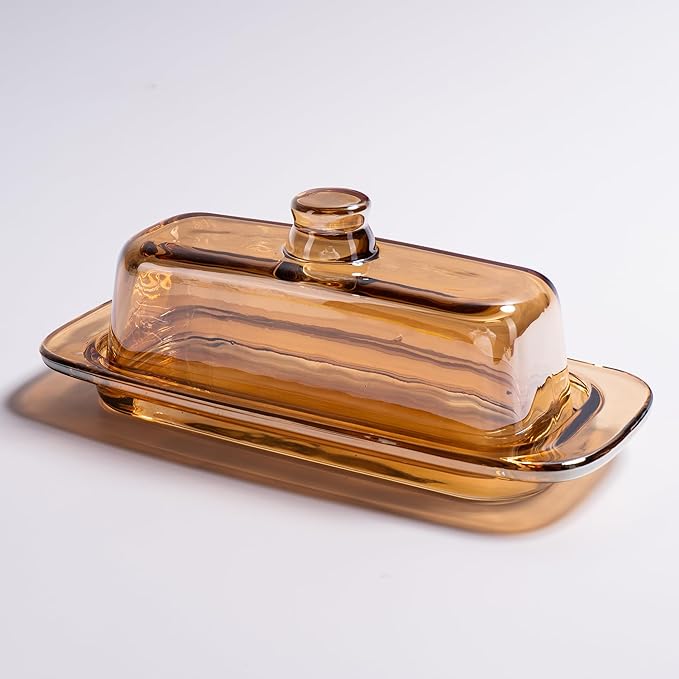 Glass Butter Dish with Lid for Countertop, Champagne Crystal Covered Butter Holder Tray Container(7.9*3.55 in)