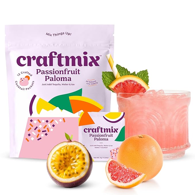Craftmix Passionfruit Paloma, Makes 24 Drinks, Tequila Cocktail Mixers, Instant Skinny Cocktail and Mocktail Mix - With Real Fruit - Vegan Low Carb, Low Sugar, Non-GMO, Gluten Free, Easy to Mix