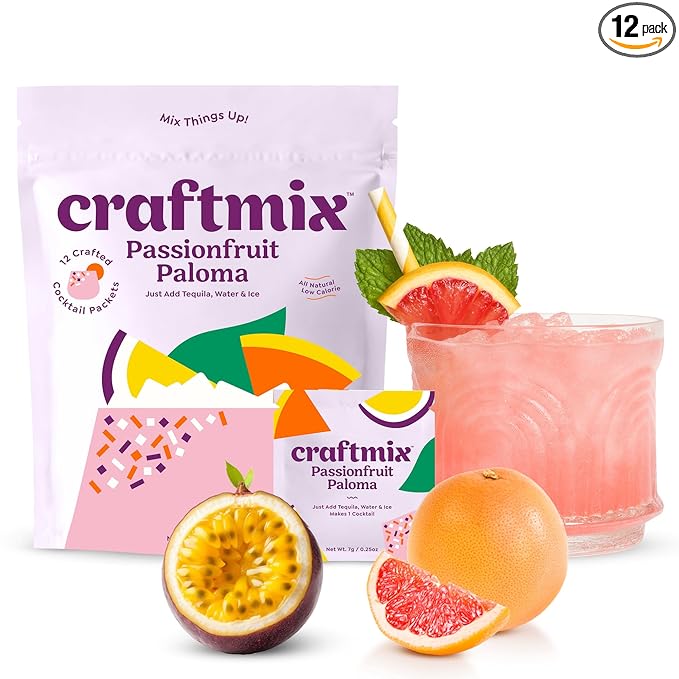 Craftmix Passionfruit Paloma, Makes 12 Drinks, Tequila Cocktail Mixers, Instant Skinny Cocktail and Mocktail Mix - With Real Fruit - Vegan Low Carb, Low Sugar, Non-GMO, Gluten Free, Easy to Mix