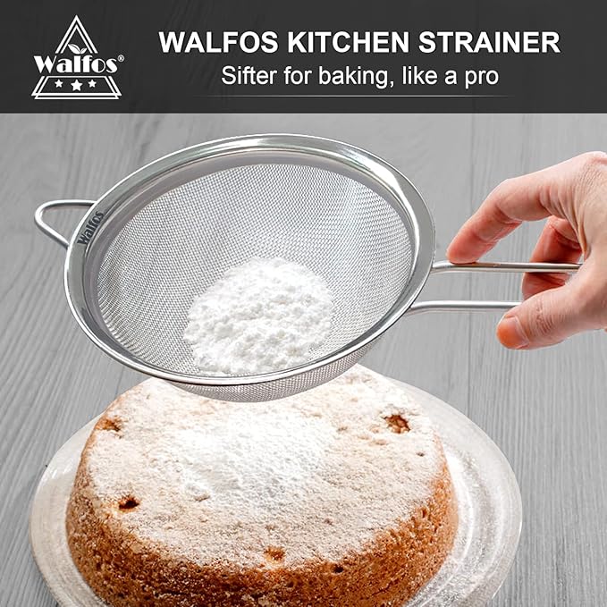 Walfos Extra Fine Mesh Strainer Set of 4-9.35", 6.95", 4.6", 2.7", Stainless Steel 30 Mesh Sieve with Sturdy Handle, Kitchen Food Strainers Sifters for Quinoa, Pasta, Fruits, Vegetables, Rice, Tea