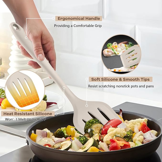 TeamFar Kitchen Cooking Utensils, 10 pcs Silicone Cooking Utensils Set, 446°F Heat Resistant Kitchen Gadgets Tools Set w/Spatula, Turners, Spoons, Soup Ladle, Pasta Server for Nonstick Cookware, Khaki