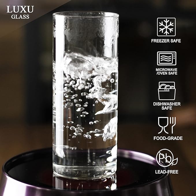 LUXU Drinking Glasses 15.5 oz, Thin Highball Glasses Set of 4,Elegant Bar Glassware For Water, Juice, Beer, Drinks, and Cocktails and Mixed Drinks,Lead-Free Pint Glasses,Glass Drink Tumblers