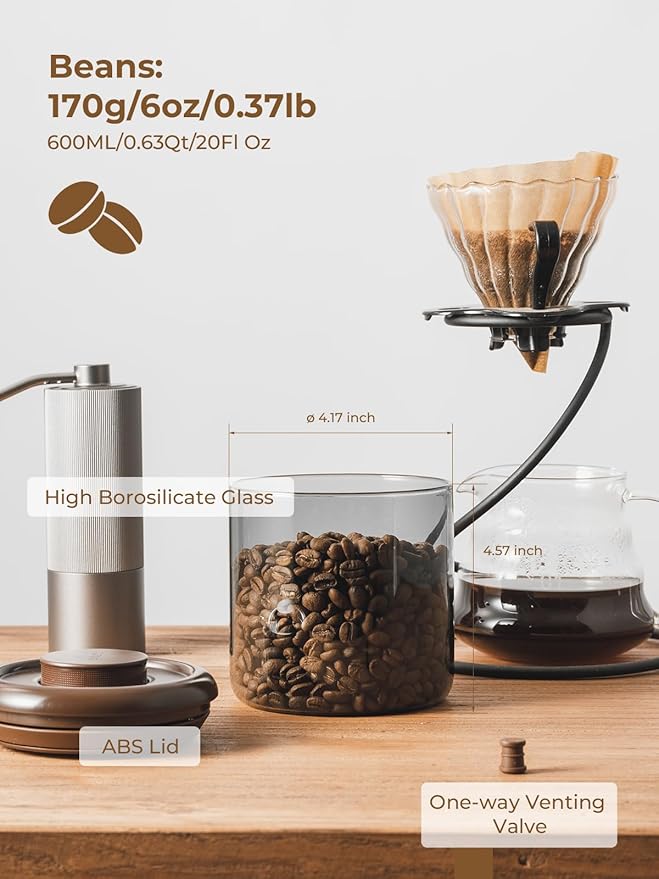 Borosilicate Glass Air Tight Coffee Grounds Container 600 ml – Pop Top Coffee Canister with One-Way CO₂ Valve, 7 Oz Coffee Storage Container, UV Protection