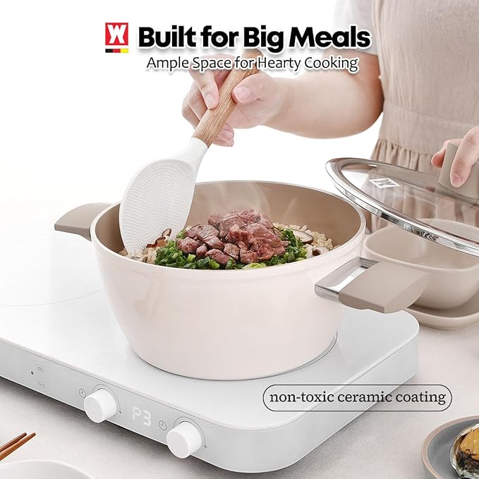 Aluminum Stock Pot with 7-Layered Ceramic Coating, Non-Stick Surface, Tempered Glass Lid, Dual Heat-Resistant Handles, PFOA, PFAS, Lead, Cadmium Free, All Cooktops 5.34L / 5.64Quarts