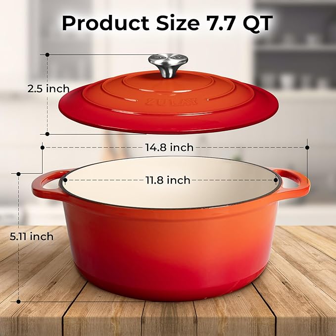 Zulay Kitchen 7.7 Quart Enameled Cast Iron Dutch Oven with Lid, Silicone Trivet & Heat Pad – Premium Durability & Oven Safe up to 500°F – Heavy Duty Cookware Perfect for Bread Baking, Stews, Braising & Roasting – Orange