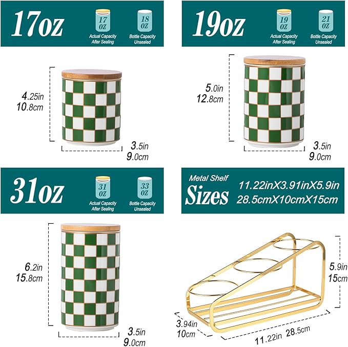 Kitchen countertop ceramic grid pattern airtight jar set - a set of 3 kitchen jars with layered shelves, sealed countertop flour and sugar containers, coffee and tea storage (Green)