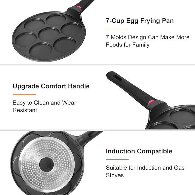 Pancake Pan Maker Nonstick Induction Compatible, 10.5 Inch Mini Non Stick Silver Dollar Grill Blini Griddle Crepe Pan,7 Molds Cake Egg Cooker Skillet for Kids Gifts