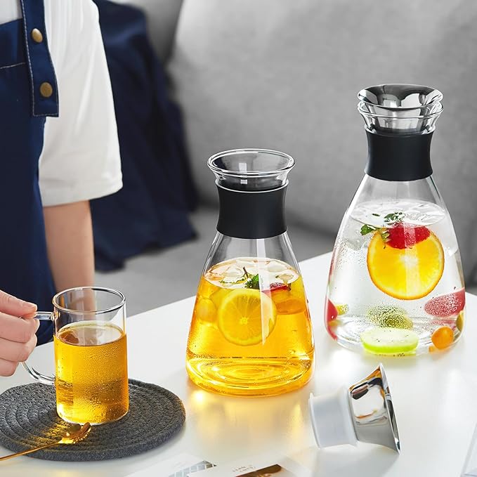 Glass Pitcher with Lid and Spout, 62 OZ Water Jug, Glass Carafe with Lid for Hot/Cold Water, Large Pitcher for Coffee, Juice,Homemade Iced Tea Beverage 1800ML