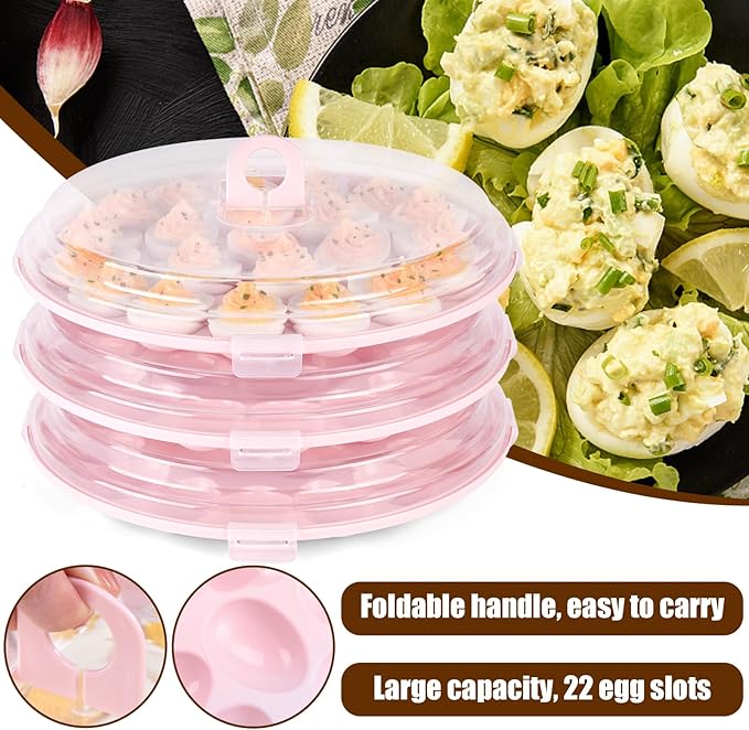 HANSGO Deviled Egg Containers with Lid, 3PCS Deviled Egg Platter Carrier Holder Trays with 66 Slots for Holiday Party and Home Kitchen, Pink