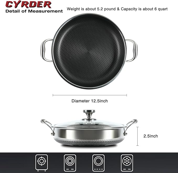 316L Stainless Steel Frying Pan-12inch Hybrid Nonstick Induction Pan with Lid, Two Handle Hold, PFOA Free, Dishwasher Oven Safe, Paella Pan for Stir fry/Toast/Roast/Bake/Stew, 6 Quart