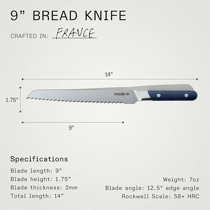 Made In Cookware - 9" Inch Bread Knife France - Full Tang With Harbour Blue Handle