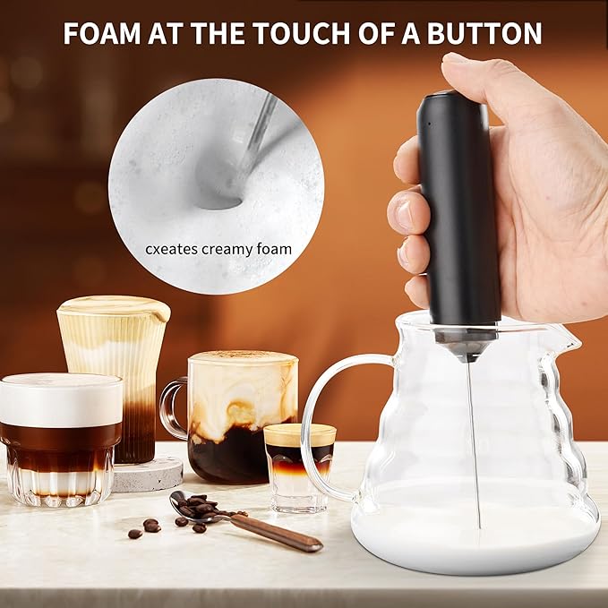 Black Milk Frother Wand, Electric Foam Maker Frother Wand, Hand Mixer for Lattes, Stainless Steel Mixing Head, Detachable for Cleaning, Cappuccino - Kitchen Gift