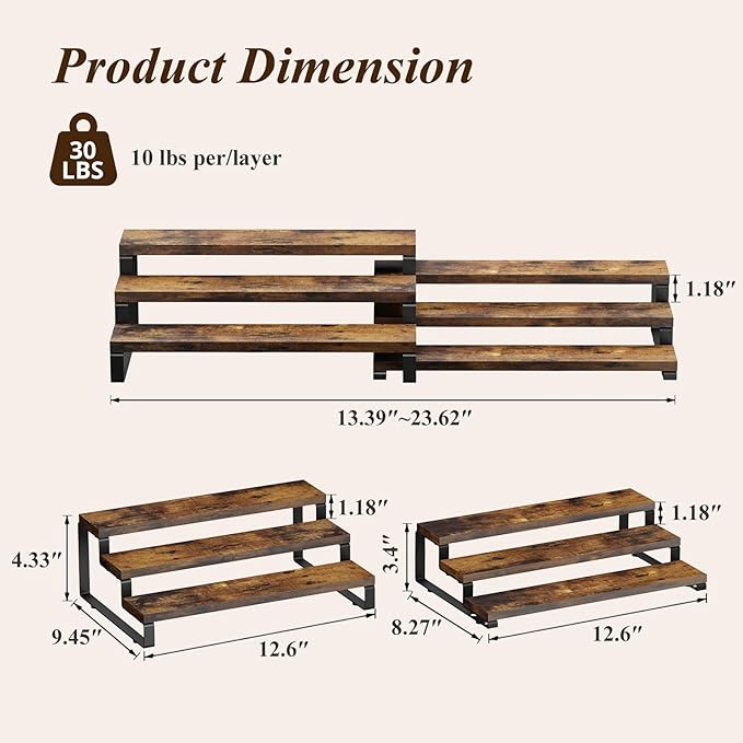 Spice Rack Organizer for Cabinet, 3 Tier Wooden Display Riser Stand, Rustic Cologne Stand for Men, Tiered Perfume Holder, Display Shelf for Candles (Set of 2)