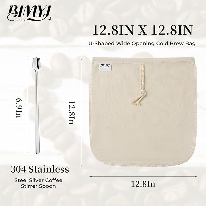 Reusable Cold Brew Bags & Cold Brew Coffee Bags Reusable - for Toddy Systems | 12.8 Inch Large 100% Natural Organic Cotton Cold Brew Filter Bags 2-Pack + 2 Bonus 304 Silver Spoons