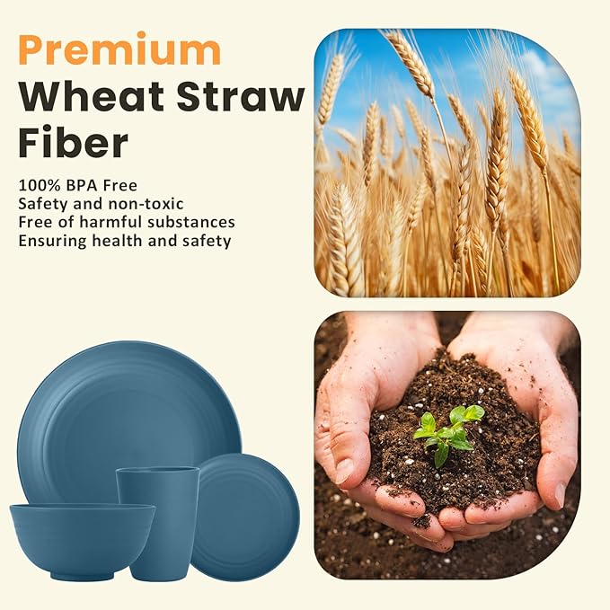 Homienly Wheat Straw Plates and Bowls Set, Premium Wheat Straw Dinnerware Sets- Dinner Plate, Dessert Plates, Cereal Bowls, Drinkig Glasses, Microwave and Dishwasher Safe Dish Set for Camping - Blue
