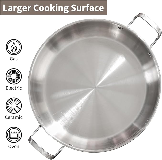 DELARLO 14 inch Paella Pan With Lid Tri-Ply Large Frying Pan Stainless Steel,Induction Skillets,Fast Heating Cookware,Indoors Outdoors,paelleras para 12 personas Jumbo Cooker