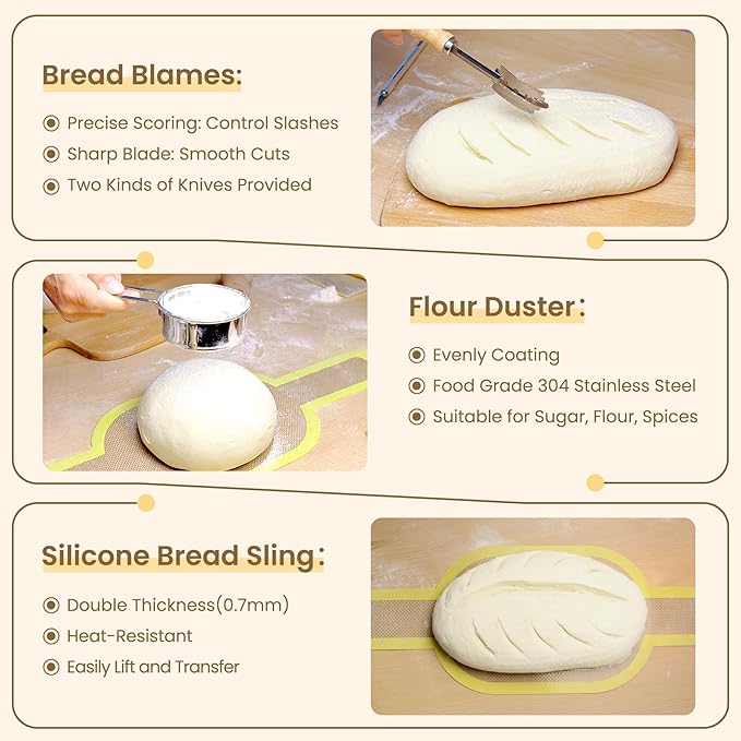 Sourdough Starter Kit with Cotton Rope Banneton Basket & Jar, Bread Baking Supplies and Tools Set, Complete Sourdough Bread Making Kit, Baking Gift for Women Moms & Beginners