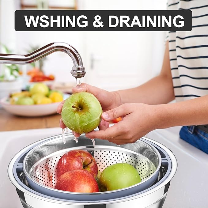 E-far Colander with Mixing Bowl Set, 4-1 Stainless Steel Colander Strainers Bowl with Graters for Kitchen, Rotatable Food Strainer Bowl for Rinsing Fruits Vegetables/Draining Pasta - Black
