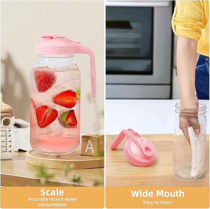 2 Pack Glass Mason Jar Pitcher - 64 oz/2 Quart Wide Mouth Jug with Lid and Pour Spout, Airtight Seal, Leak Proof Iced Tea Pitcher for Sun Tea, Juice, Breast Milk, Cold Beverages, Coffe