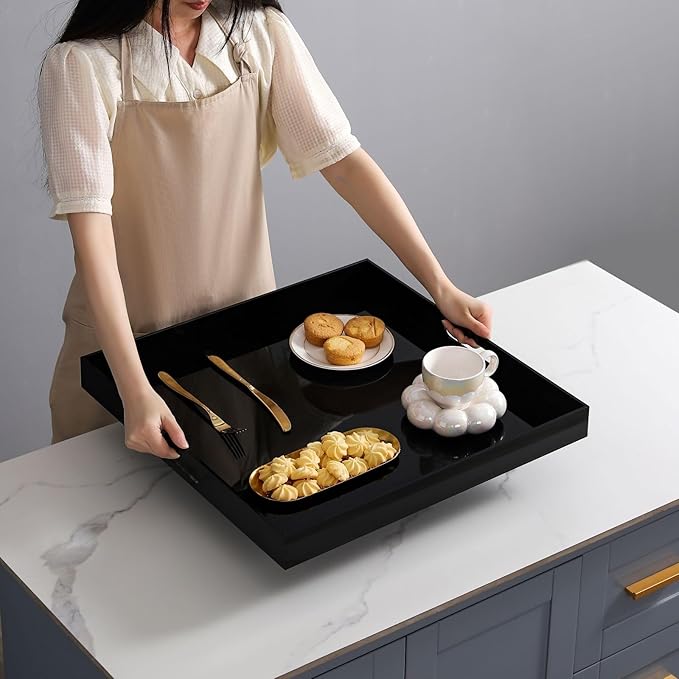Glossy Black Sturdy Acrylic Serving Tray with Handles-24x24Inch-Serving Coffee,Appetizer,Breakfast,Butler-Kitchen Countertop Tray-Makeup Drawer Organizer-Vanity Table,Ottoman Tray-Decorative