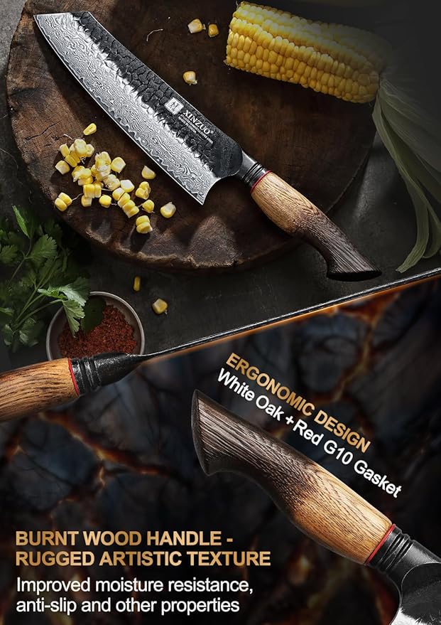 XINZUO 8.3 Inch Kiritsuke Chef Knife, Forged 67 Layers 10Cr15Comov High Carbon Damascus Steel Professional Kitchen Knife,Super Sharp,White Oak + Red G10 Gasket Handle