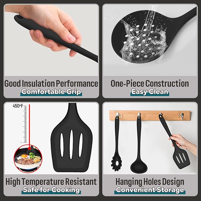 Silicone Kitchen Utensils Set, E-far 23 Pcs Black Cooking Utensils Tools with Holder for Nonstick Cookware, Include Spatula/Spoon/Ladle/Tongs/Turner, Heat Resistant & Nontoxic, Dishwasher Safe