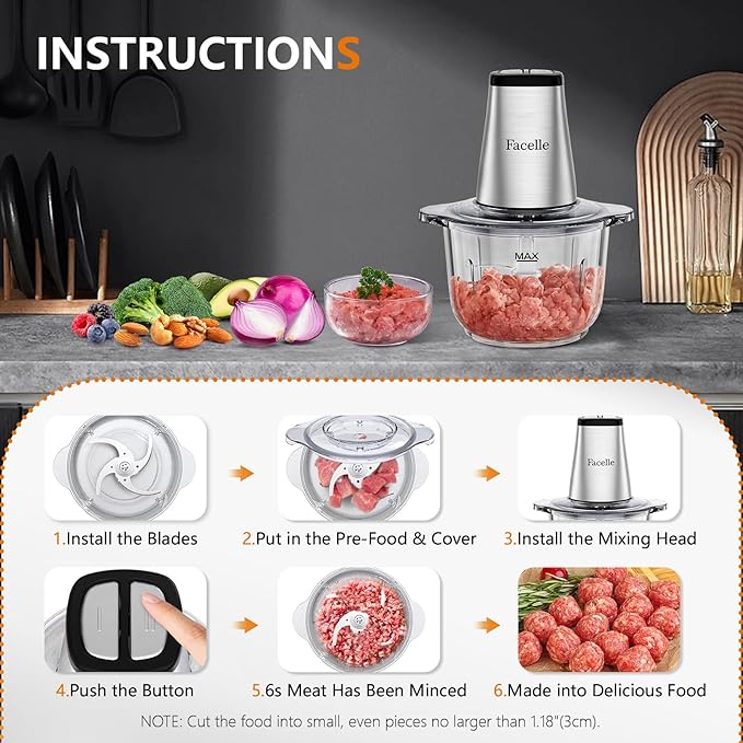 Food Processor, Facelle Meat Grinder 8-Cup Food Chopper Electric Vegetable Chopper 500W With 2L Glass Bowl & 4 Sharp Blades for Meat/Vegetable/Fruit/Nut/Baby Food