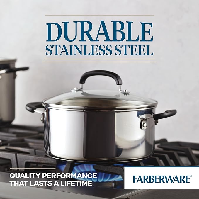 Farberware Brilliance Stainless Steel Dutch Oven/Casserole Pan with Glass Lid, 5 Quart, Dishwasher Safe and Induction Ready, Compatible with All Cooktops, Stainless Steel