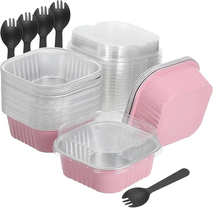 HARFINGTON 40Pack 10oz Disposable Mini Cake Pans with Lids and Spoons Pink Aluminum Foil Square Baking Cupcake Dessert Cups Tin for Birthday Party