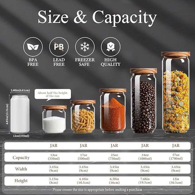 Glass Jars with Airtight Wood Lids - 17 oz Small Kitchen and Pantry Storage Containers, Canisters for Chia Seed, Ground Coffee, Sugar, Spice, Salt, Salad, Matcha, Set of 2