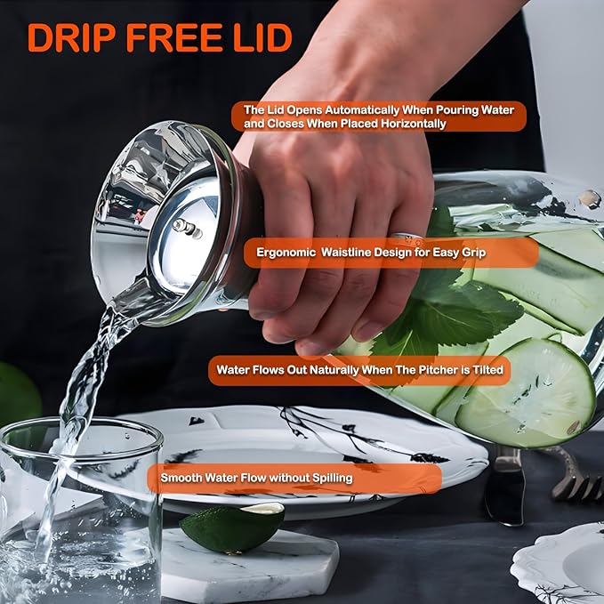 Glass Pitcher with Lid, 52 Ounces Juice Pitcher High Borosilicate Drip-free Glass Carafe Easy Pour Gallon Pitcher for Hot/Cold Water, Ice Tea, Juice Beverage, Transparent