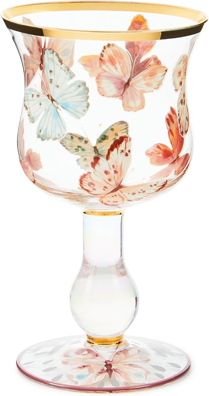 MACKENZIE-CHILDS Stemmed Wine Glass, Decorative Wine Glassware, 16 Ounces, Butterfly Hill