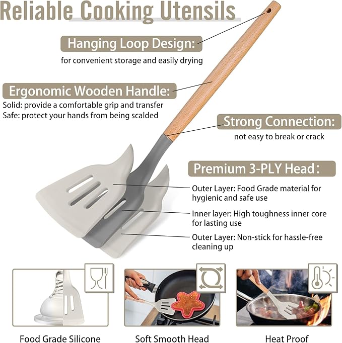 P&P CHEF Silicone Cooking Utensils Set, 12PCS Kitchen Utensils Set with Wooden Handle for Nonstick Cookware, Ladle, Spoon, Spatula, Tong, Heat-resistant & Non-scratch, Non Smell & Healthy, Khaki